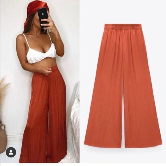 ZARA Flowy Wide Leg Pants Copper - Picture 4 of 9